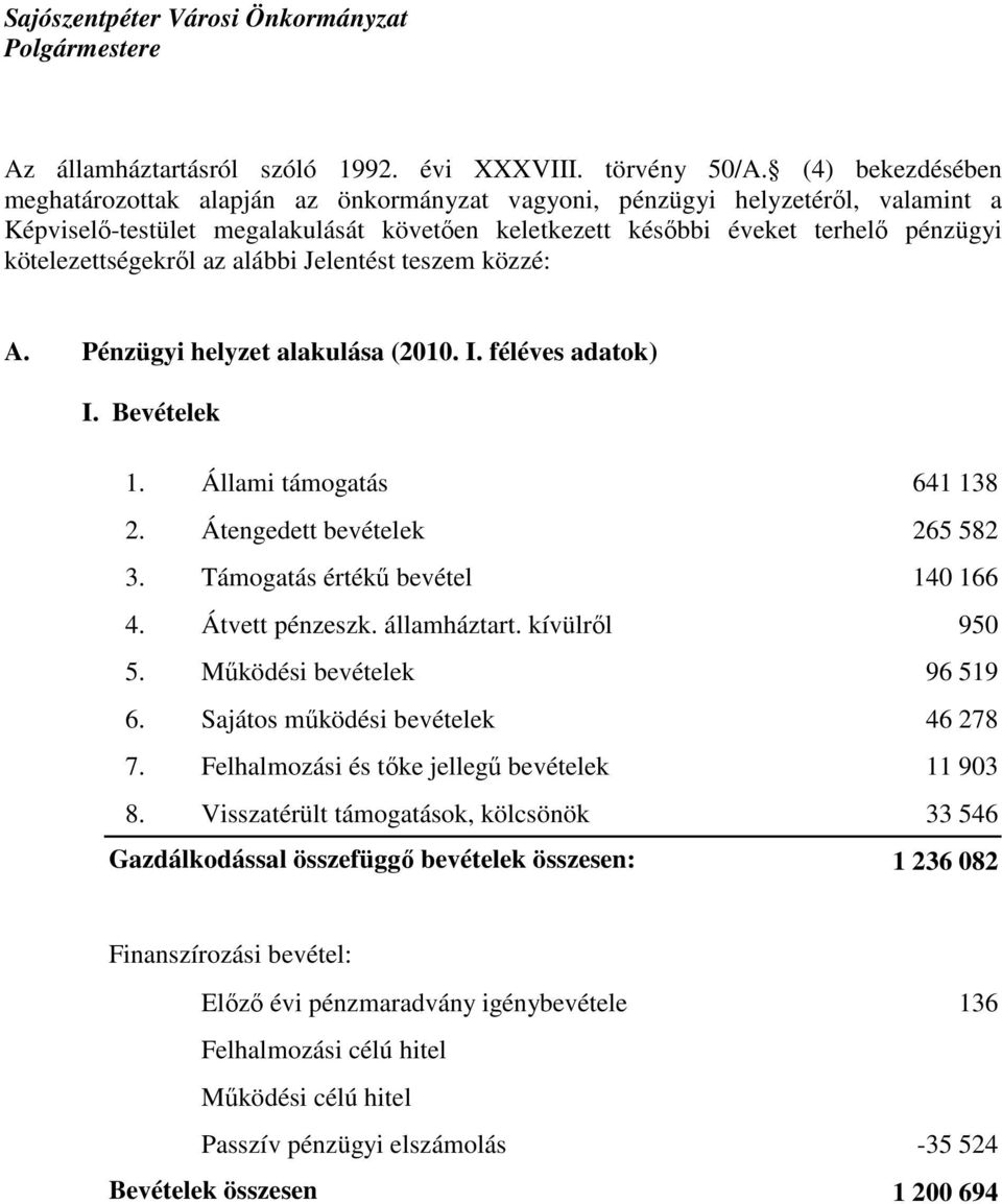 kötelezettségekrıl az alábbi Jelentést teszem közzé: A. Pénzügyi helyzet alakulása (2010. I. féléves adatok) I. Bevételek 1. Állami támogatás 641 138 2. Átengedett bevételek 265 582 3.