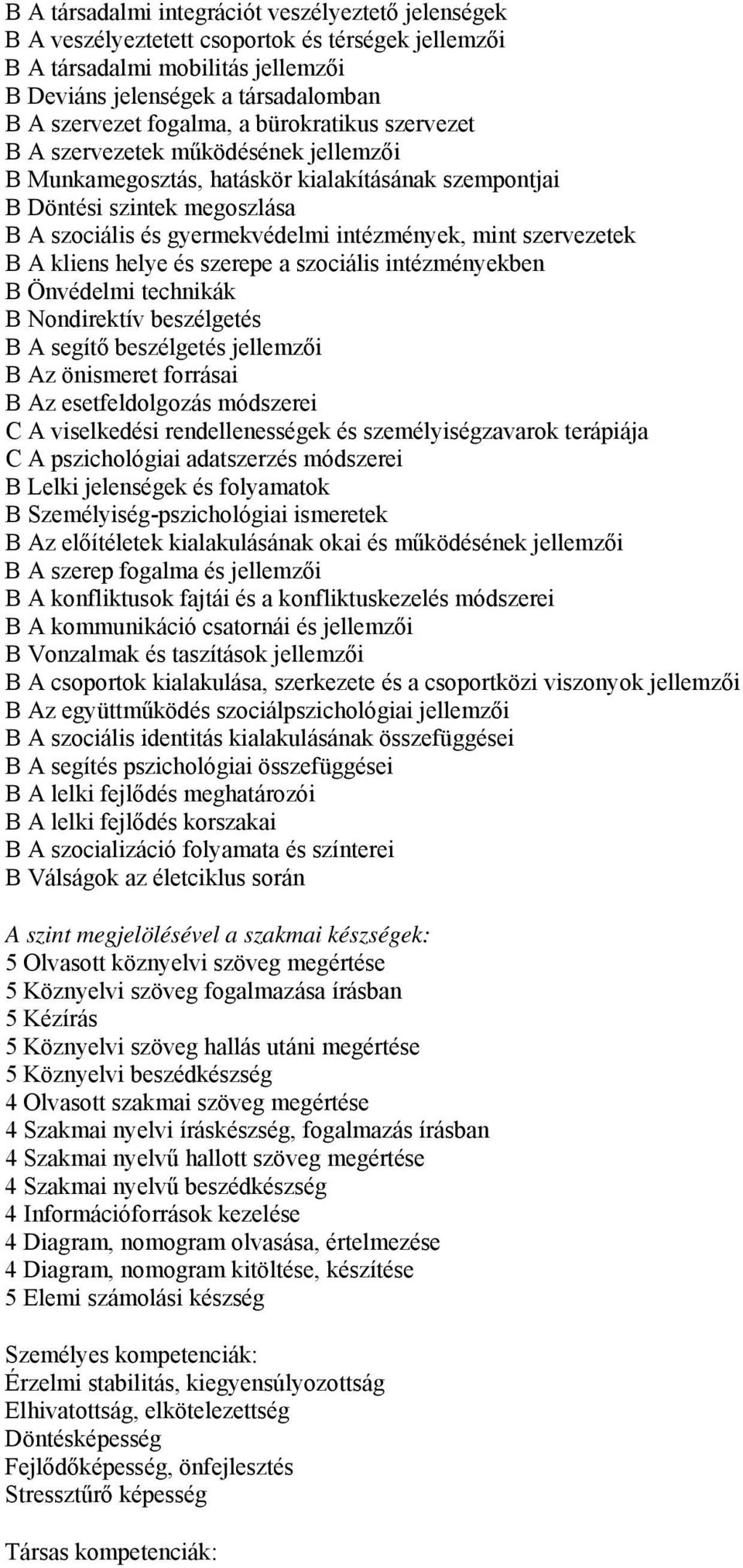 szervezetek B A kliens helye és szerepe a szociális intézményekben B Önvédelmi technikák B Nondirektív beszélgetés B A segítő beszélgetés jellemzői B Az önismeret forrásai B Az esetfeldolgozás