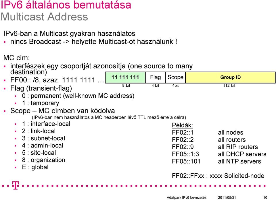 . Flag (transient-flag) 0 : permanent (well-known MC address) 1 : temporary Scope MC címben van kódolva (IPv6-ban nem használatos a MC headerben lévő TTL mező erre a célra) 1 : interface-local