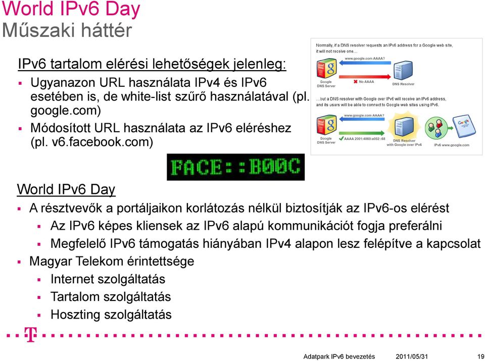 com) World IPv6 Day A résztvevők a portáljaikon korlátozás nélkül biztosítják az IPv6-os elérést Az IPv6 képes kliensek az IPv6 alapú kommunikációt