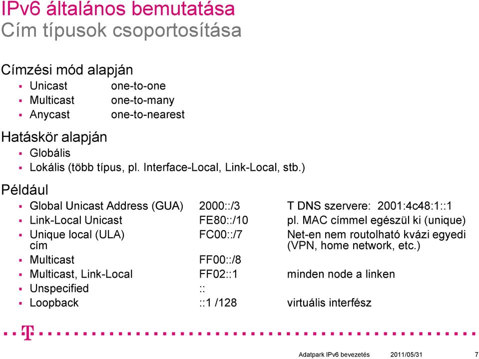 ) Például Global Unicast Address (GUA) 2000::/3 T DNS szervere: 2001:4c48:1::1 Link-Local Unicast FE80::/10 pl.