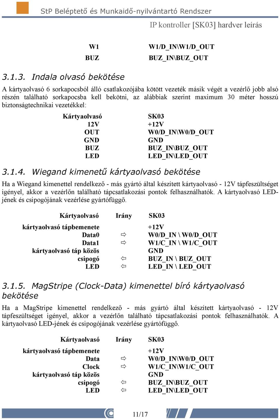 méter hosszú biztonságtechnikai vezetékkel: Kártyaolvasó SK03 12V +12V OUT W0/D_IN\W0/D_OUT BUZ BUZ_IN\BUZ_OUT LED LED_IN\LED_OUT 3.1.4.