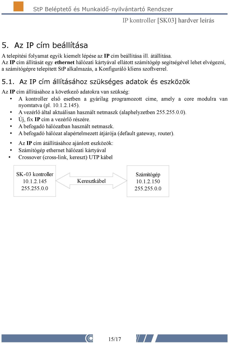 Az IP cím állításához szükséges adatok és eszközök Az IP cím állításához a következő adatokra van szükség: A kontroller első esetben a gyárilag programozott címe, amely a core modulra van nyomtatva