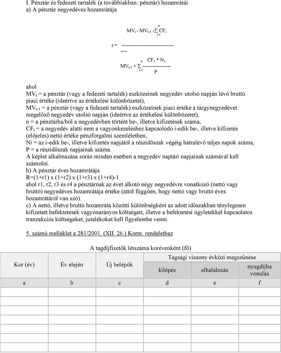 fedezeti tartalék) eszközeinek piaci értéke a tárgynegyedévet megelőző negyedév utolsó napján (ideértve az értékelési különbözetet), n = a pénztárba/ból a negyedévben történt be-, illetve kifizetések