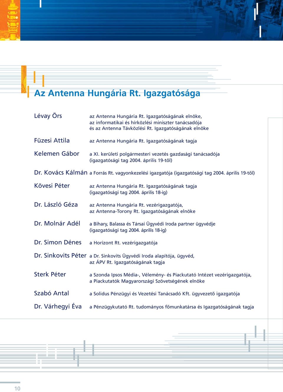 kerületi polgármesteri vezetés gazdasági tanácsadója (igazgatósági tag 2004. április 19-tôl) Dr. Kovács Kálmán a Forrás Rt. vagyonkezelési igazgatója (igazgatósági tag 2004.