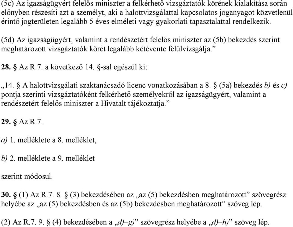 (5d) Az igazságügyért, valamint a rendészetért felelős miniszter az (5b) bekezdés szerint meghatározott vizsgáztatók körét legalább kétévente felülvizsgálja. 28. Az R.7. a következő 14.