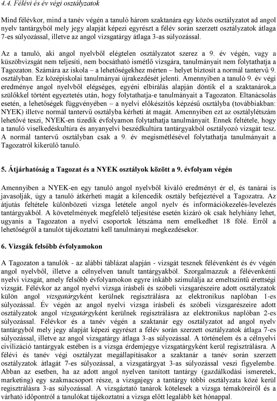év végén, vagy a küszöbvizsgát nem teljesíti, nem bocsátható ismétlő vizsgára, tanulmányait nem folytathatja a Tagozaton. Számára az iskola a lehetőségekhez mérten helyet biztosít a normál tantervű 9.