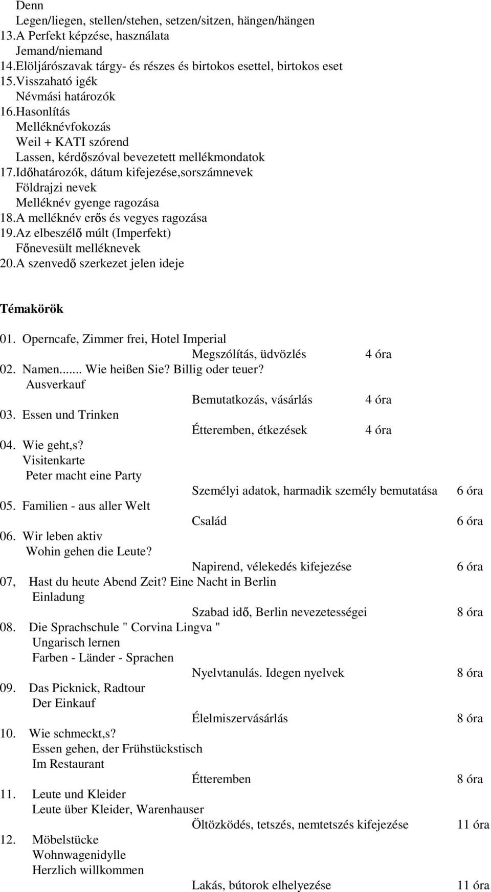 Id határozók, dátum kifejezése,sorszámnevek Földrajzi nevek Melléknév gyenge ragozása 18.A melléknév er s és vegyes ragozása 19.Az elbeszél múlt (Imperfekt) F nevesült melléknevek 20.