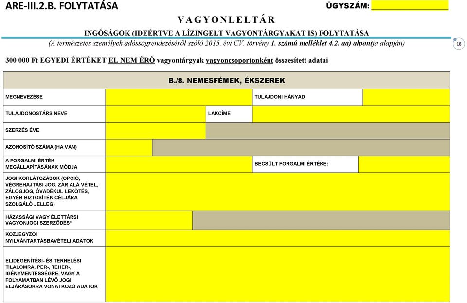 NEMESFÉMEK, ÉKSZEREK TULAJDONI HÁNYAD TULAJDONOSTÁRS NEVE LAKCÍME SZERZÉS ÉVE AZONOSÍTÓ SZÁMA (HA VAN) A FORGALMI ÉRTÉK MEGÁLLAPÍTÁSÁNAK MÓDJA BECSÜLT FORGALMI ÉRTÉKE: JOGI KORLÁTOZÁSOK (OPCIÓ,