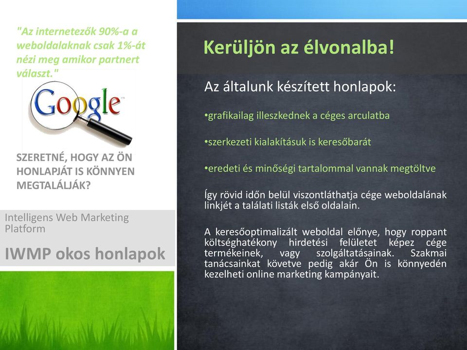 Intelligens Web Marketing Platform IWMP okos honlapok szerkezeti kialakításuk is keresőbarát eredeti és minőségi tartalommal vannak megtöltve Így rövid időn belül