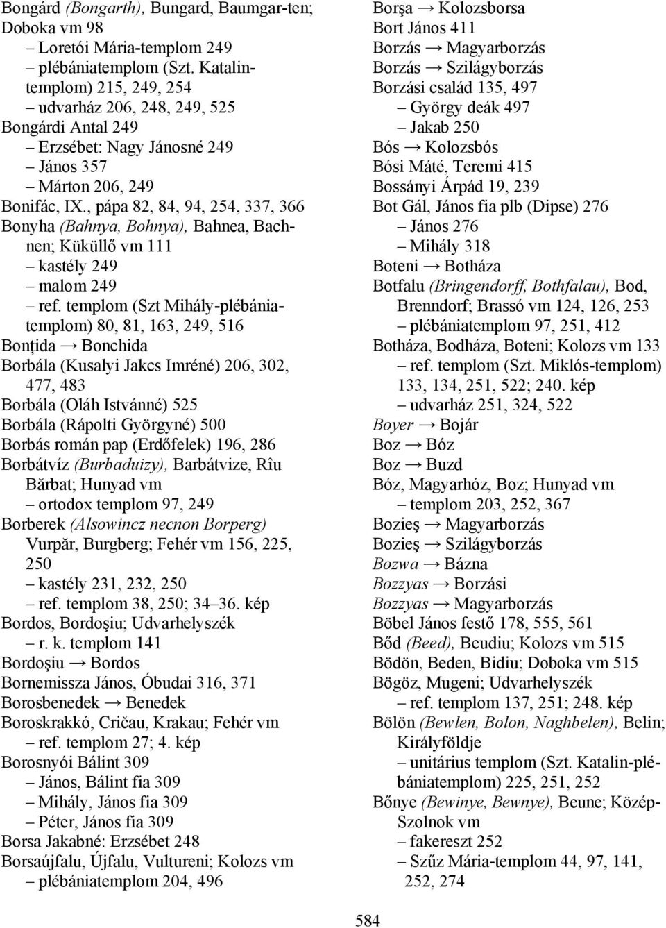 , pápa 82, 84, 94, 254, 337, 366 Bonyha (Bahnya, Bohnya), Bahnea, Bachnen; Küküllő 111 kastély 249 malom 249 ref.