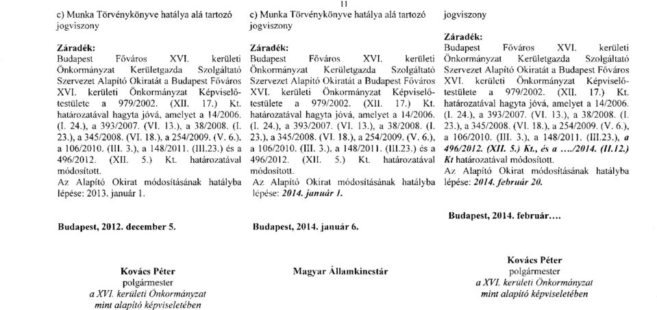), a 254/2009. (V. 6.). a 106/2010. (III. 3.), a 148/2011. (III.23.) és a 496/2012. (XII. 5.) Kt. határozatával módosított. Az Alapító Okirat módosításának hatályba lépése: 2013.január 1.