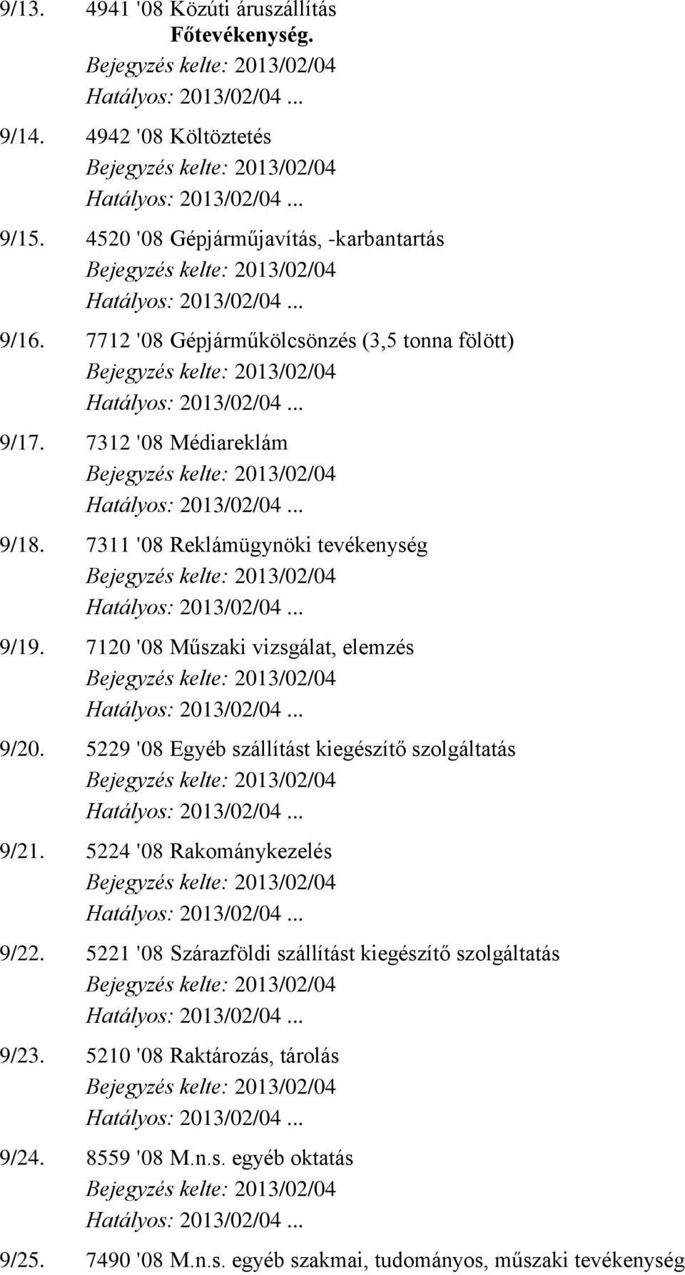 7120 '08 Műszaki vizsgálat, elemzés 9/20. 5229 '08 Egyéb szállítást kiegészítő szolgáltatás 9/21. 5224 '08 Rakománykezelés 9/22.