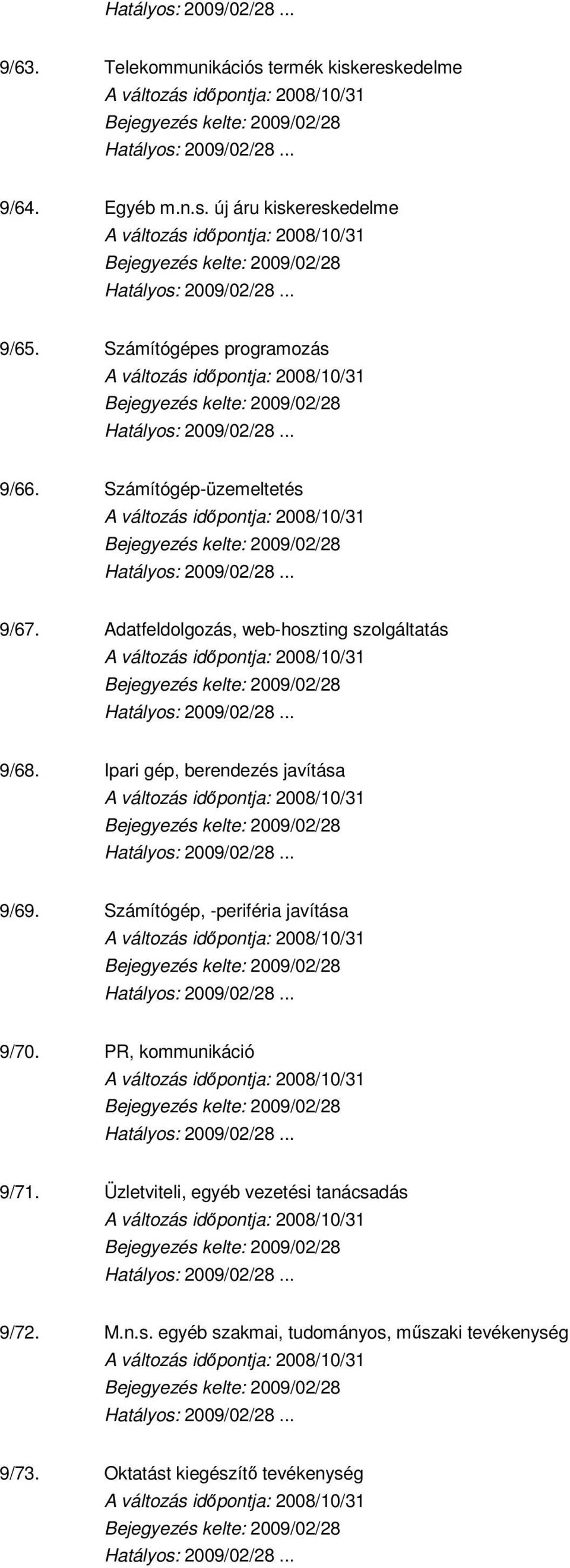 Ipari gép, berendezés javítása 9/69. Számítógép, -periféria javítása 9/70. PR, kommunikáció 9/71.