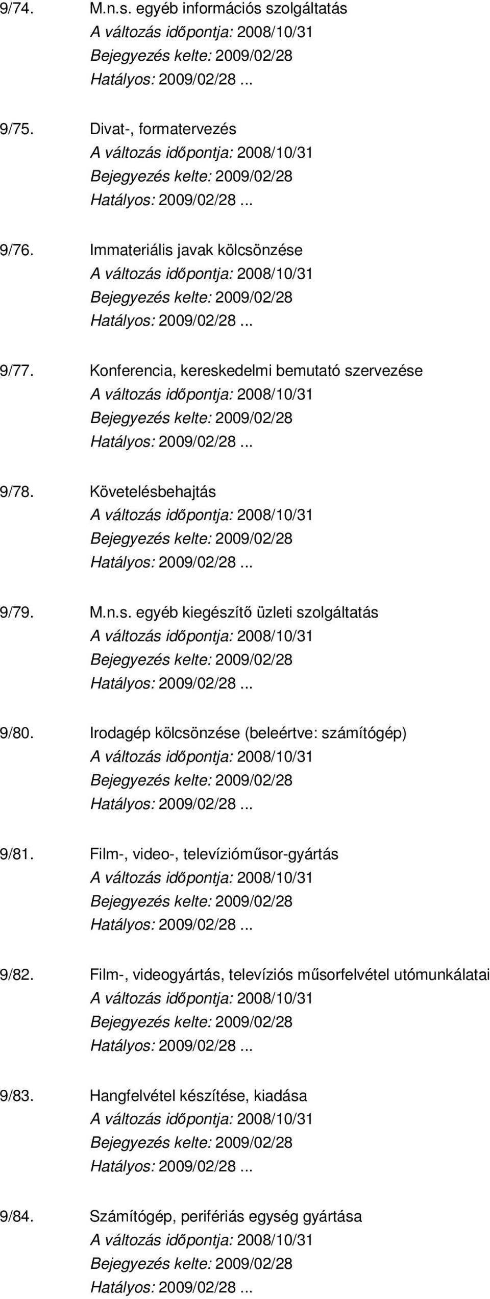 Irodagép kölcsönzése (beleértve: számítógép) 9/81. Film-, video-, televízióműsor-gyártás 9/82.