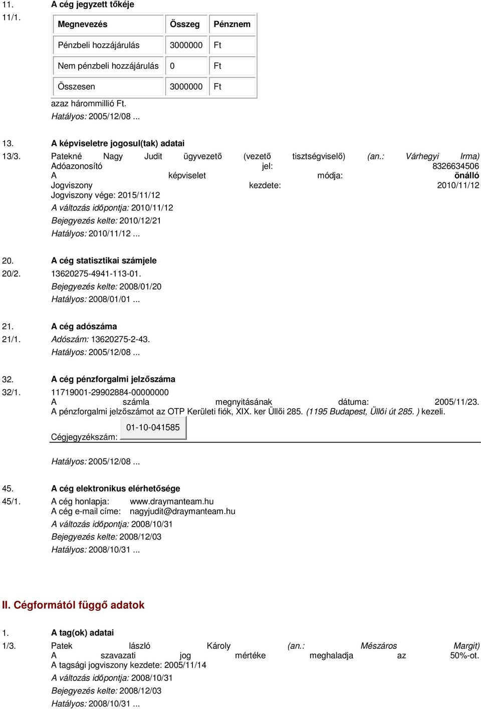 : Várhegyi Irma) Adóazonosító jel: 8326634506 A képviselet módja: önálló Jogviszony kezdete: 2010/11/12 Jogviszony vége: 2015/11/12 A változás időpontja: 2010/11/12 Bejegyezés kelte: 2010/12/21