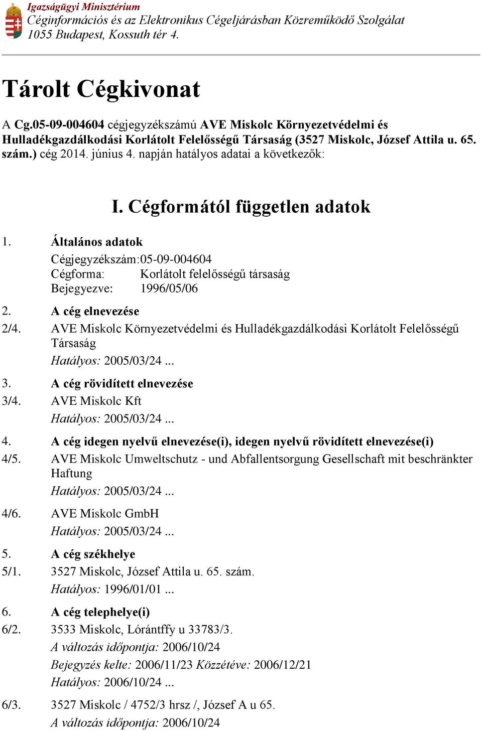 napján hatályos adatai a következők: I. Cégformától független adatok 1. Általános adatok Cégjegyzékszám: 05-09-004604 Cégforma: Korlátolt felelősségű társaság Bejegyezve: 1996/05/06 2.