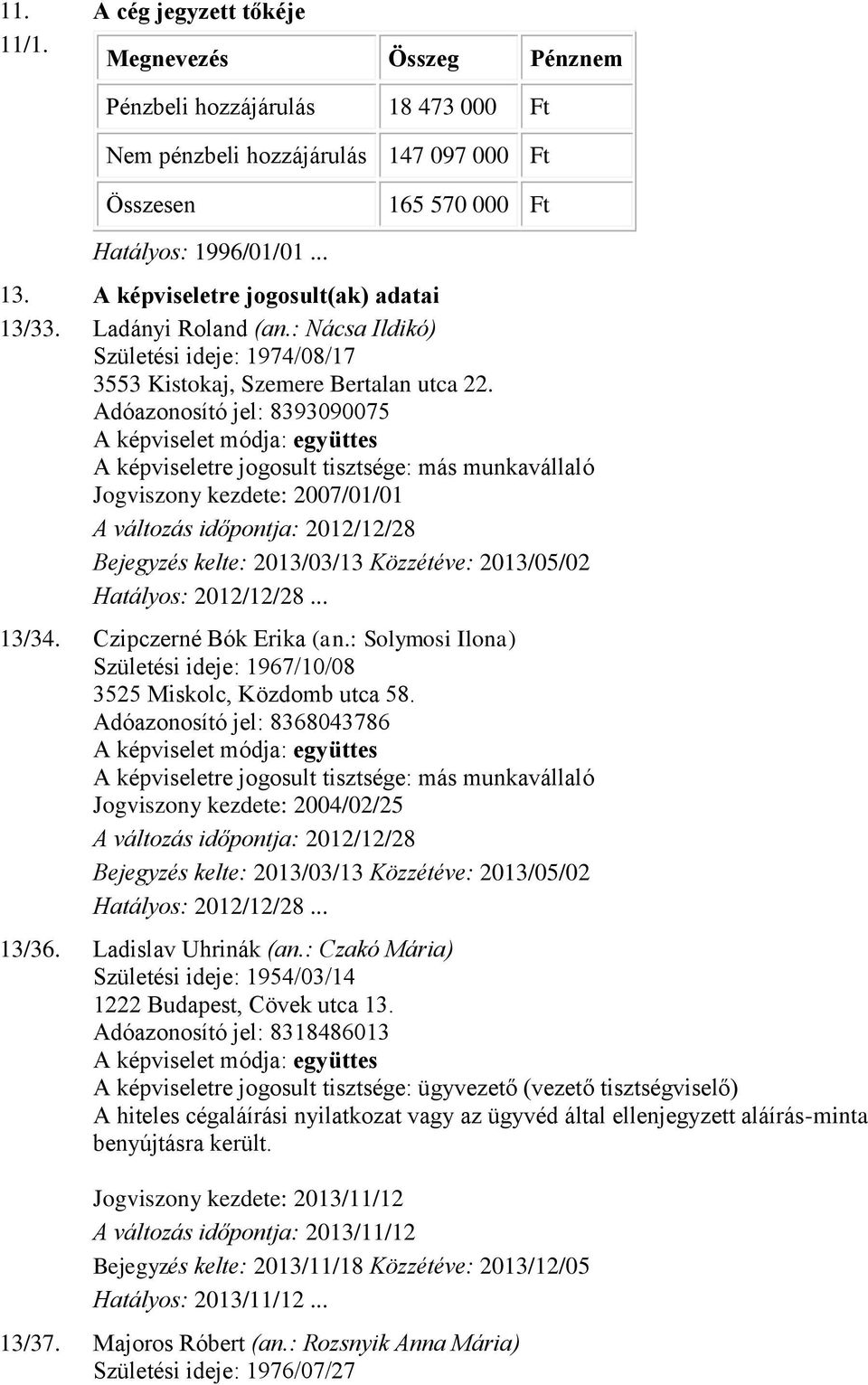 Adóazonosító jel: 8393090075 A képviselet módja: együttes A képviseletre jogosult tisztsége: más munkavállaló Jogviszony kezdete: 2007/01/01 A változás időpontja: 2012/12/28 Bejegyzés kelte: