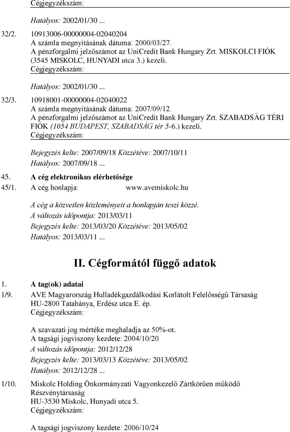 A pénzforgalmi jelzőszámot az UniCredit Bank Hungary Zrt. SZABADSÁG TÉRI FIÓK (1054 BUDAPEST, SZABADSÁG tér 5-6.) kezeli.