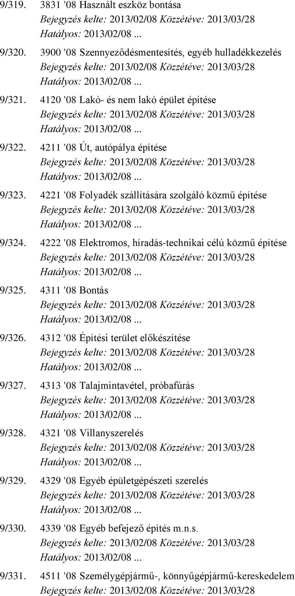 4222 '08 Elektromos, híradás-technikai célú közmű építése 9/325. 4311 '08 Bontás 9/326. 4312 '08 Építési terület előkészítése 9/327.