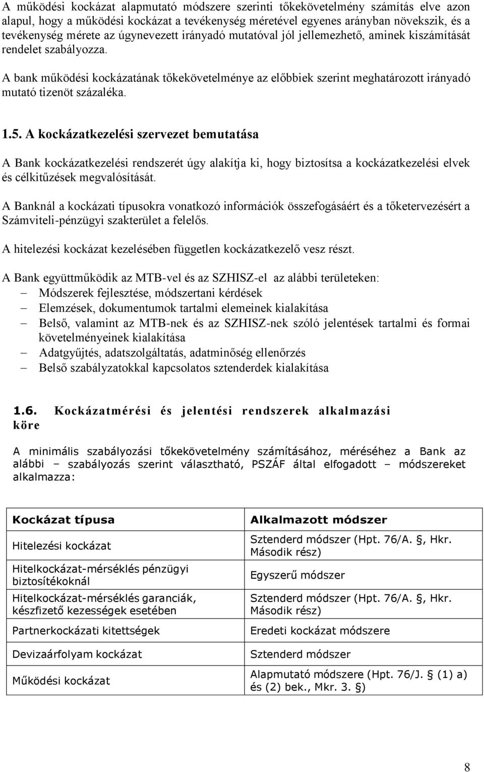 A bank működési kockázatának tőkekövetelménye az előbbiek szerint meghatározott irányadó mutató tizenöt százaléka. 1.5.