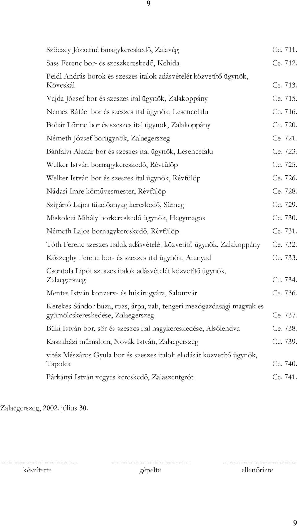 Németh József borügynök, Zalaegerszeg Ce. 721. Bánfalvi Aladár bor és szeszes ital ügynök, Lesencefalu Ce. 723. Welker István bornagykereskedő, Révfülöp Ce. 725.