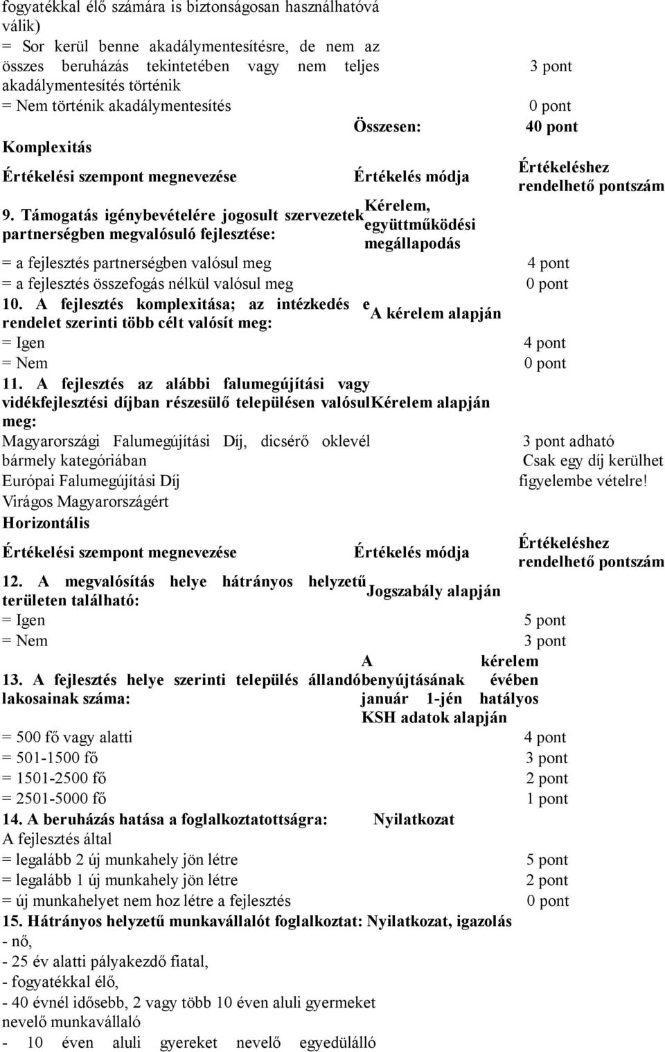 Támogatás igénybevételére jogosult szervezetek partnerségben megvalósuló fejlesztése: együttműködési megállapodás = a fejlesztés partnerségben valósul meg 4 pont = a fejlesztés összefogás nélkül