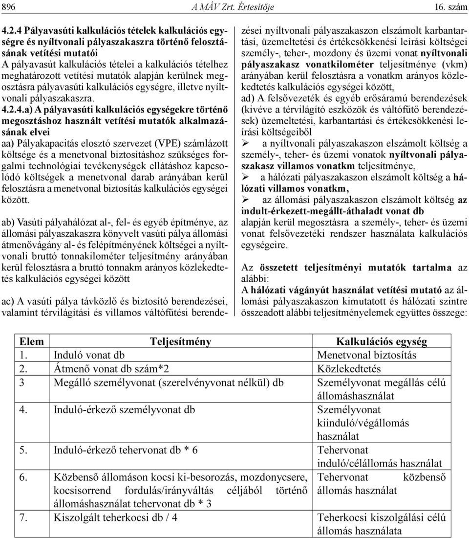 vetítési mutatók alapján kerülnek megosztásra pályavasúti kalkulációs egységre, illetve nyíltvonali pályaszakaszra. 4.
