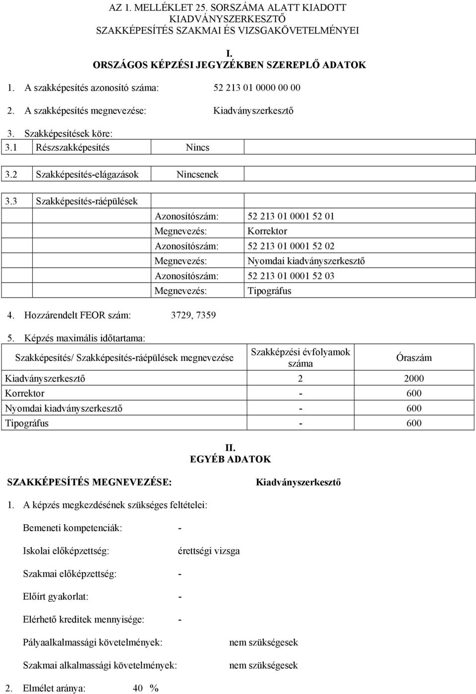 3 Szakképesítés-ráépülések Azonosítószám: 52 213 01 0001 52 01 Megnevezés: Korrektor Azonosítószám: 52 213 01 0001 52 02 Megnevezés: Nyomdai kiadványszerkesztő Azonosítószám: 52 213 01 0001 52 03
