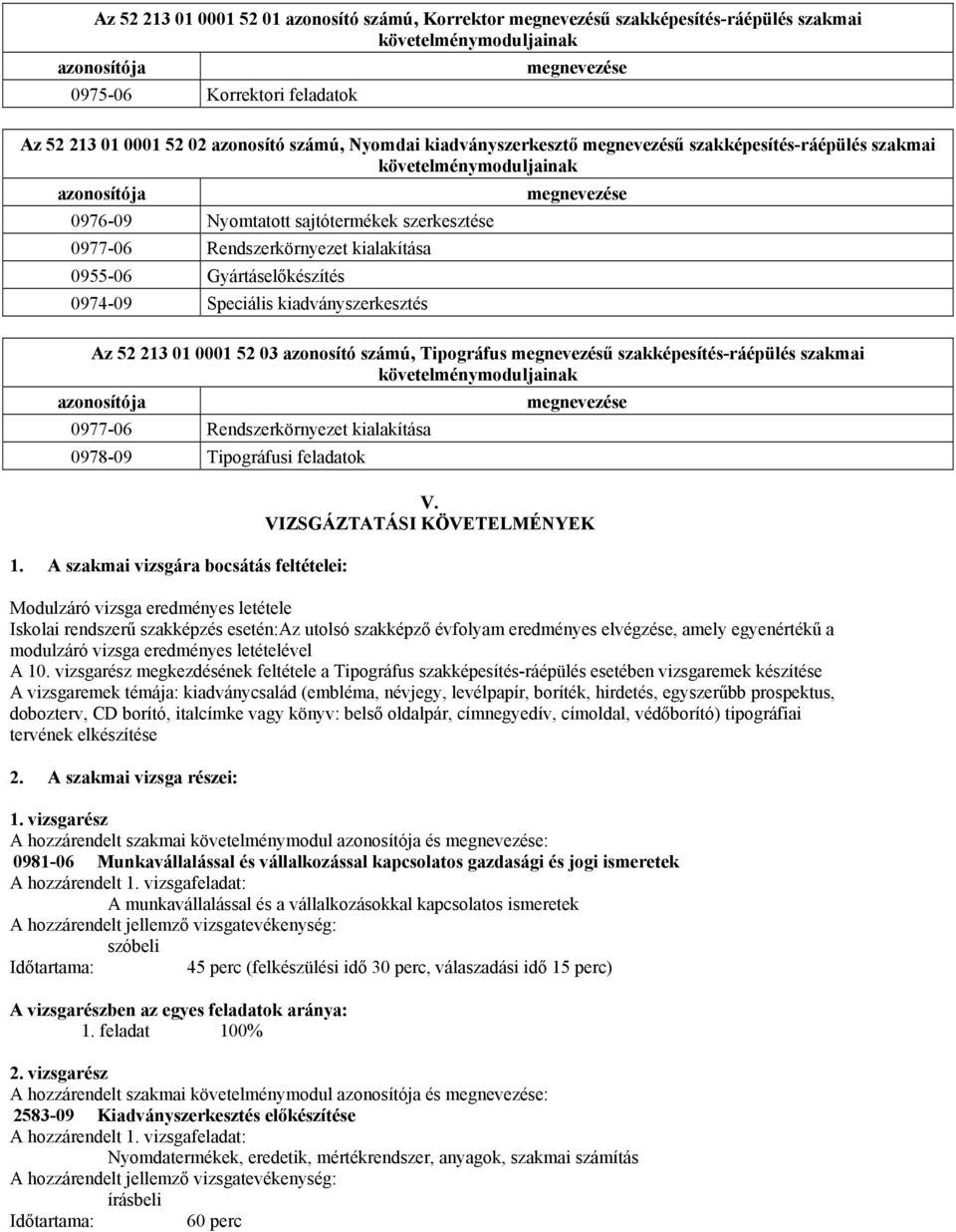 Rendszerkörnyezet kialakítása 0955-06 Gyártáselőkészítés 0974-09 Speciális kiadványszerkesztés Az 52 213 01 0001 52 03 azonosító számú, Tipográfus megnevezésű szakképesítés-ráépülés szakmai