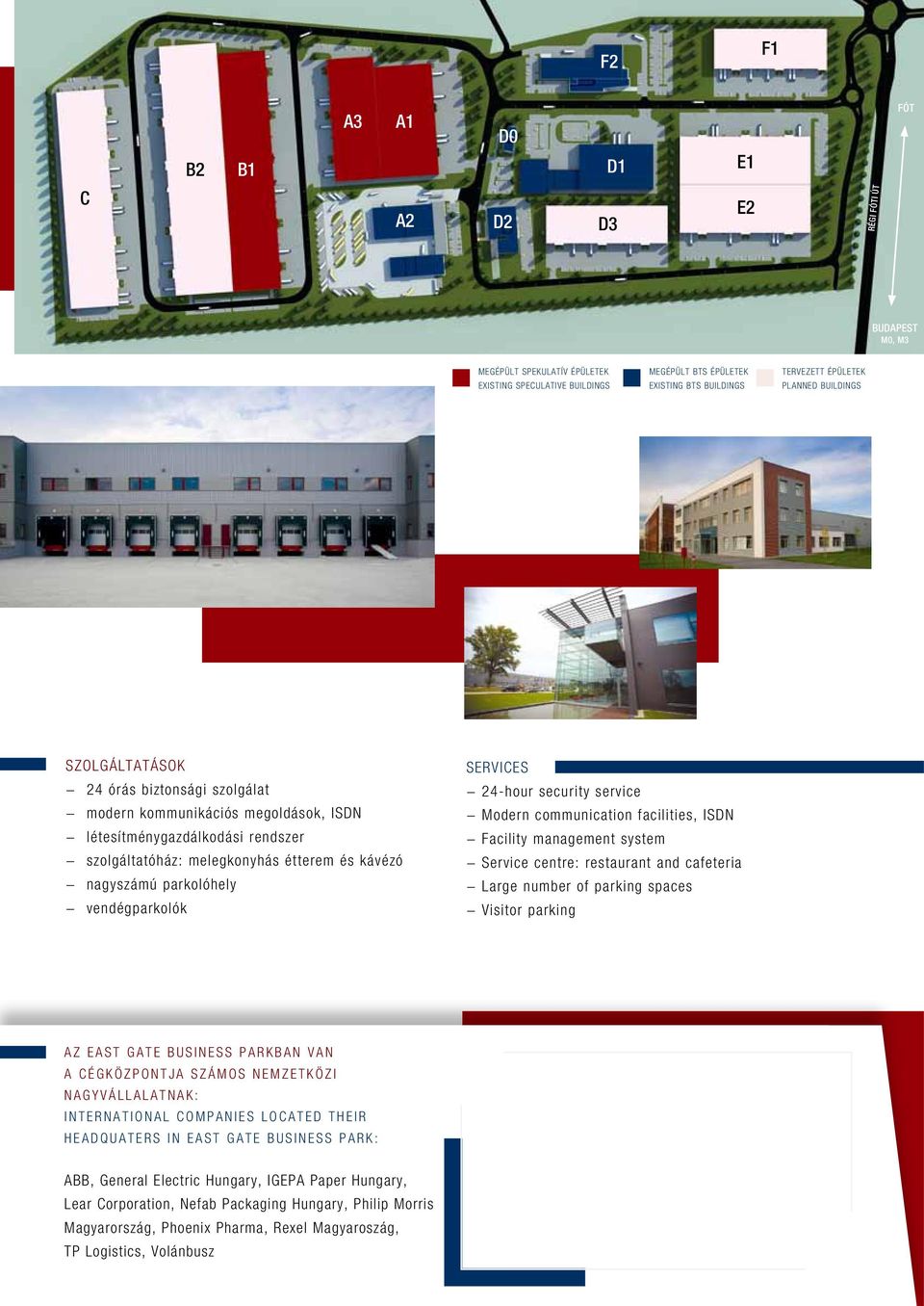 parkolóhely vendégparkolók Services 24-hour security service Modern communication facilities, ISDN Facility management system Service centre: restaurant and cafeteria Large number of parking spaces