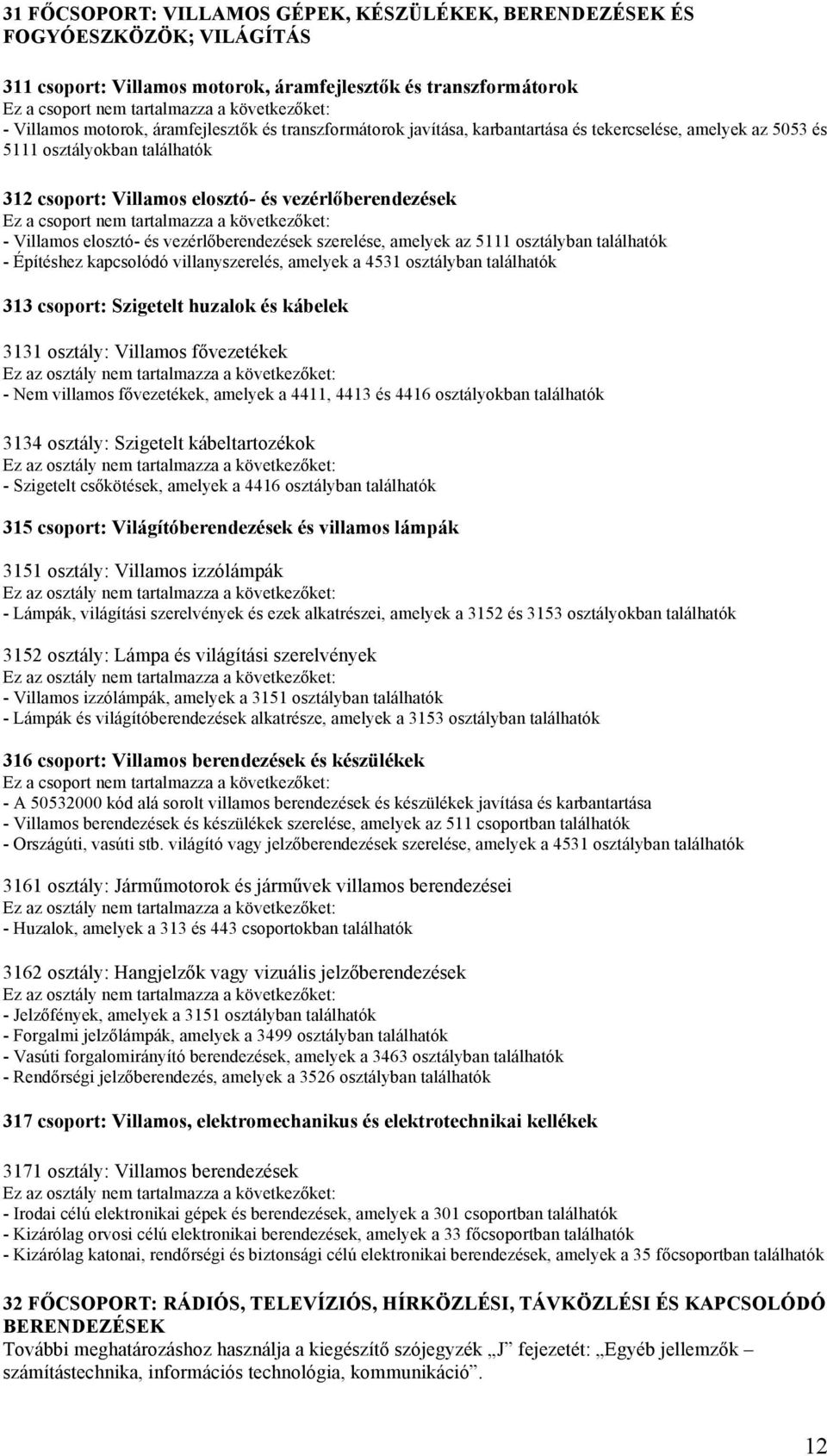 szerelése, amelyek az 5111 osztályban - Építéshez kapcsolódó villanyszerelés, amelyek a 4531 osztályban 313 csoport: Szigetelt huzalok és kábelek 3131 osztály: Villamos fővezetékek - Nem villamos