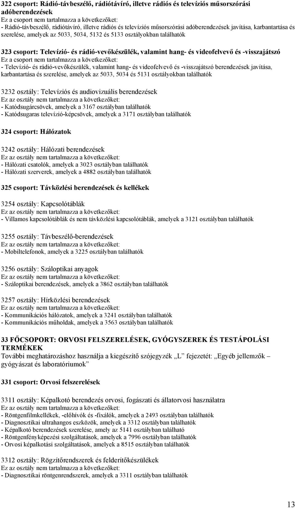 rádió-vevőkészülék, valamint hang- és videofelvevő és -visszajátszó berendezések javítása, karbantartása és szerelése, amelyek az 5033, 5034 és 5131 osztályokban 3232 osztály: Televíziós és