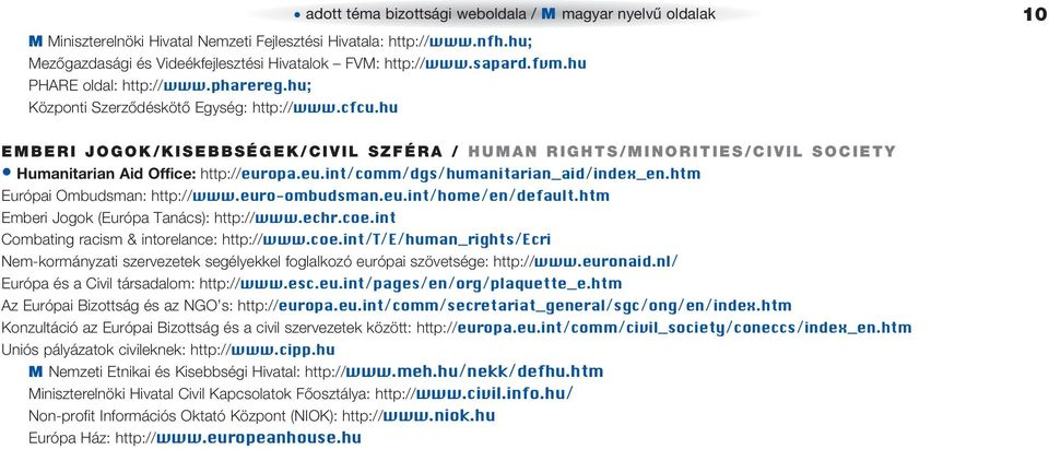 hu 10 EMBERI JOGOK/KISEBBSÉGEK/CIVIL SZFÉRA / HUMAN RIGHTS/MINORITIES/CIVIL SOCIETY Humanitarian Aid Office: http://europa.eu.int/comm/dgs/humanitarian_aid/index_en.htm Európai Ombudsman: http://www.