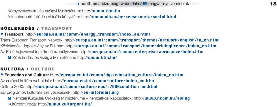 html Közlekedés: Jogosítvány az EU-ban: http://europa.eu.int/comm/transport/home/drivinglicence/index_en.htm Az EU ûrhajózással foglalkozó szabályozása: http://europa.eu.int/comm/enterprise/aerospace/index.