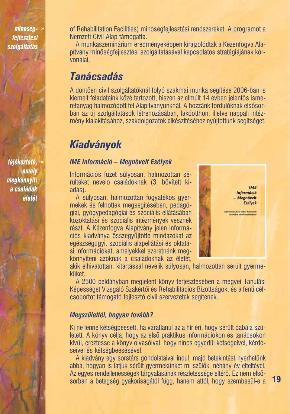 Tanácsadás A döntõen civil szolgáltatóknál folyó szakmai munka segítése 2006-ban is kiemelt feladataink közé tartozott, hiszen az elmúlt 14 évben jelentõs ismeretanyag halmozódott fel