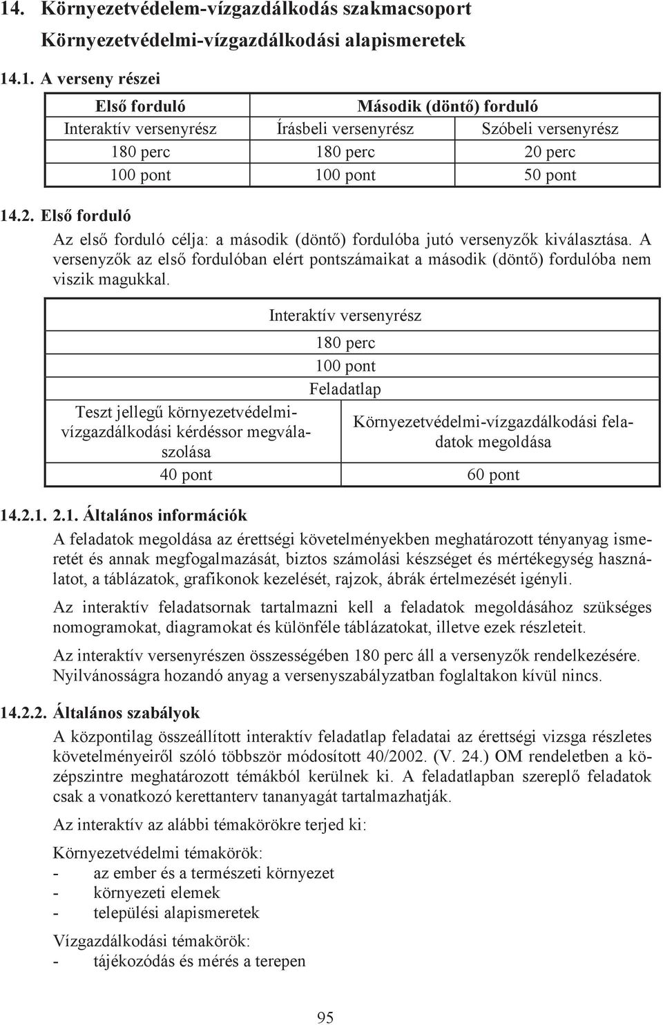 Teszt jellegű környezetvédelmivízgazdálkodási kérdéssor megválaszolása Interaktív versenyrész 180 perc 100 pont Feladatlap Környezetvédelmi-vízgazdálkodási feladatok megoldása 40 pont 60 pont 14.2.1. 2.