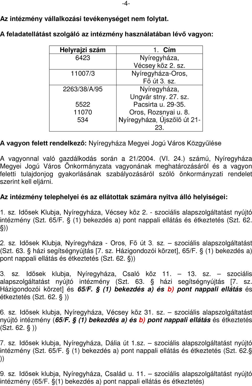 A vagyon felett rendelkező: Nyíregyháza Megyei Jogú Város Közgyűlése A vagyonnal való gazdálkodás során a 21/2004. (VI. 24.