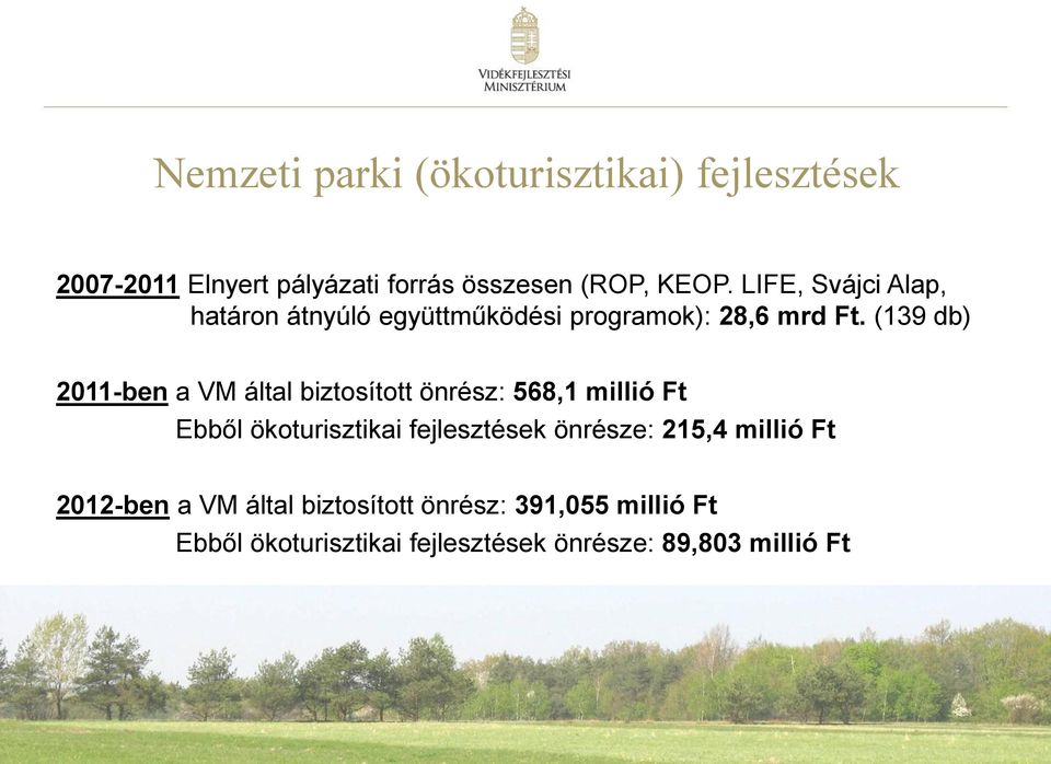 (139 db) 2011-ben a VM által biztosított önrész: 568,1 millió Ft Ebből ökoturisztikai fejlesztések