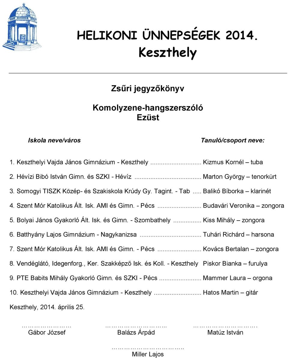 .. Kiss Mihály zongora 6. Batthyány Lajos Gimnázium - Nagykanizsa... Tuhári Richárd harsona 7. Szent Mór Katolikus Ált. Isk. AMI és Gimn. - Pécs... Kovács Bertalan zongora 8.