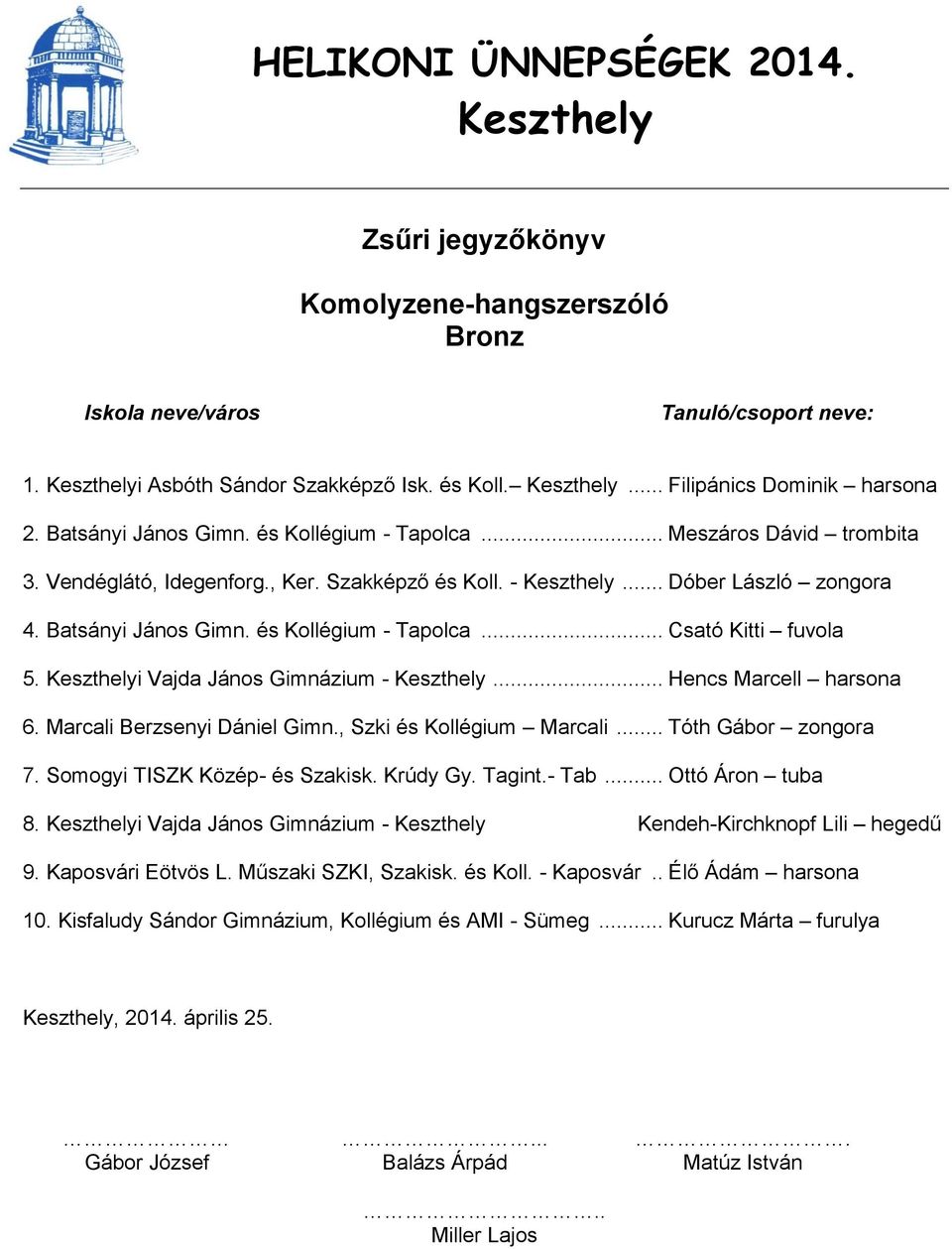 Marcali Berzsenyi Dániel Gimn., Szki és Kollégium Marcali... Tóth Gábor zongora 7. Somogyi TISZK Közép- és Szakisk. Krúdy Gy. Tagint.- Tab... Ottó Áron tuba 8.