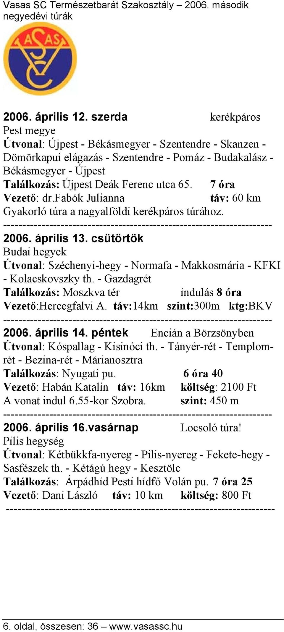 7 óra Vezető: dr.fabók Julianna táv: 60 km Gyakorló túra a nagyalföldi kerékpáros túrához. 2006. április 13.