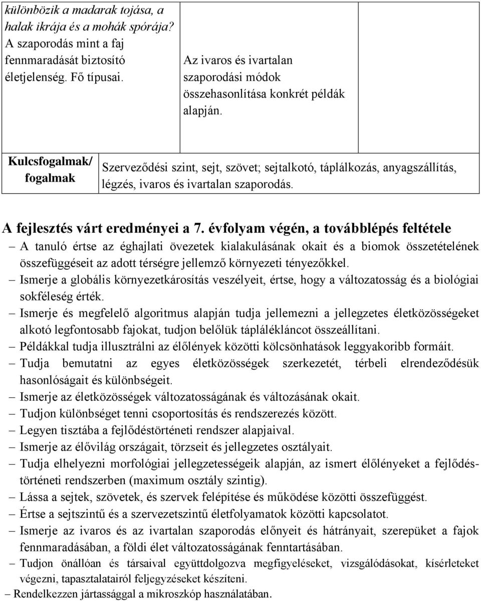 Kulcsfogalmak/ fogalmak Szerveződési szint, sejt, szövet; sejtalkotó, táplálkozás, anyagszállítás, légzés, ivaros és ivartalan szaporodás. A fejlesztés várt eredményei a 7.