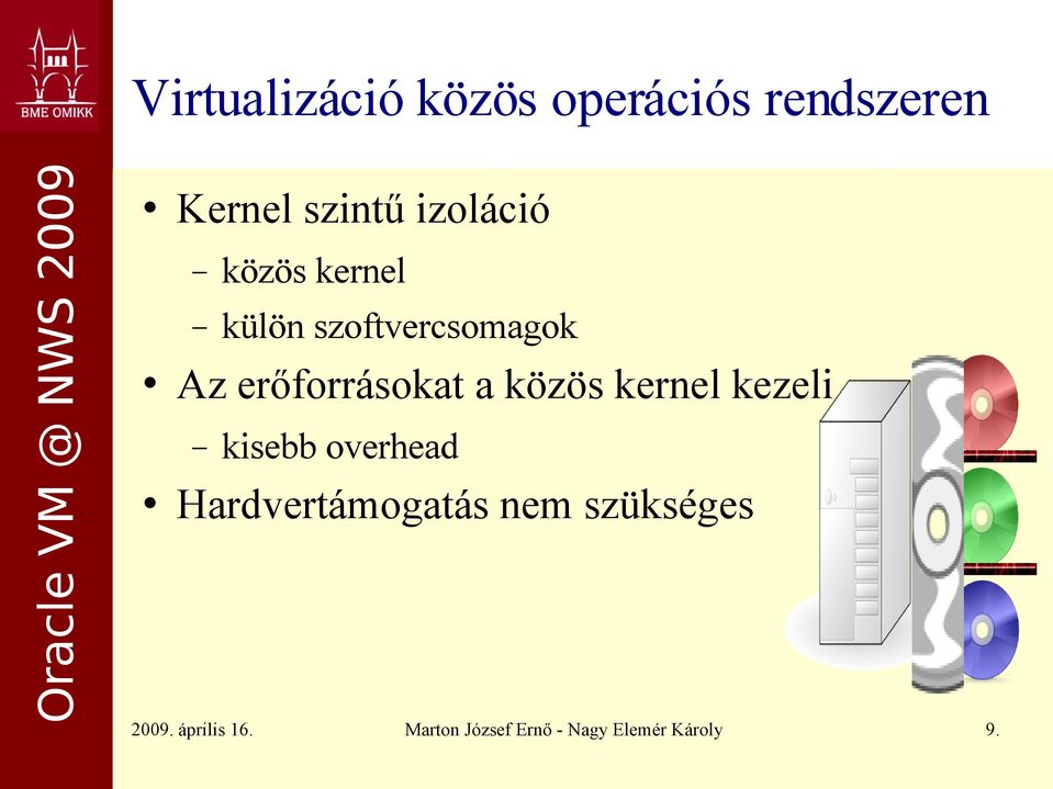 a közös kernel kezeli kisebb overhead Hardvertámogatás nem