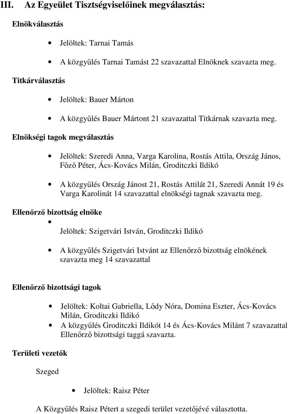 Elnökségi tagok megválasztás Jelöltek: Szeredi Anna, Varga Karolina, Rostás Attila, Ország János, Fızı Péter, Ács-Kovács Milán, Groditczki Ildikó A közgyőlés Ország Jánost 21, Rostás Attilát 21,