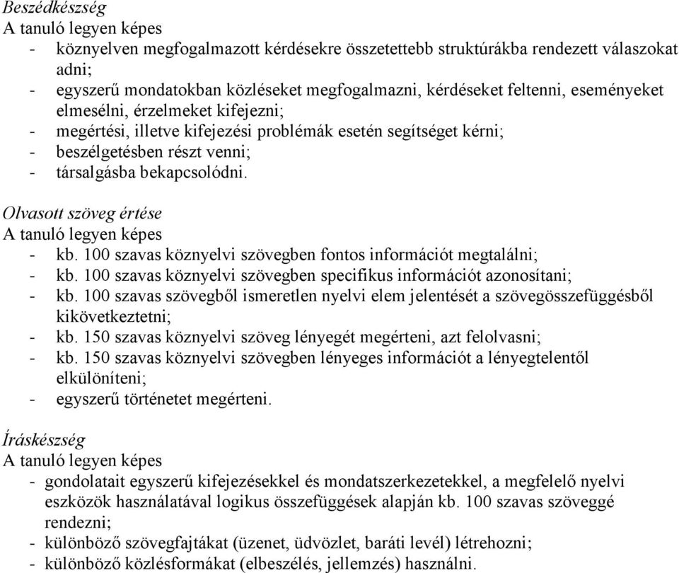 100 szavas köznyelvi szövegben fontos információt megtalálni; - kb. 100 szavas köznyelvi szövegben specifikus információt azonosítani; - kb.