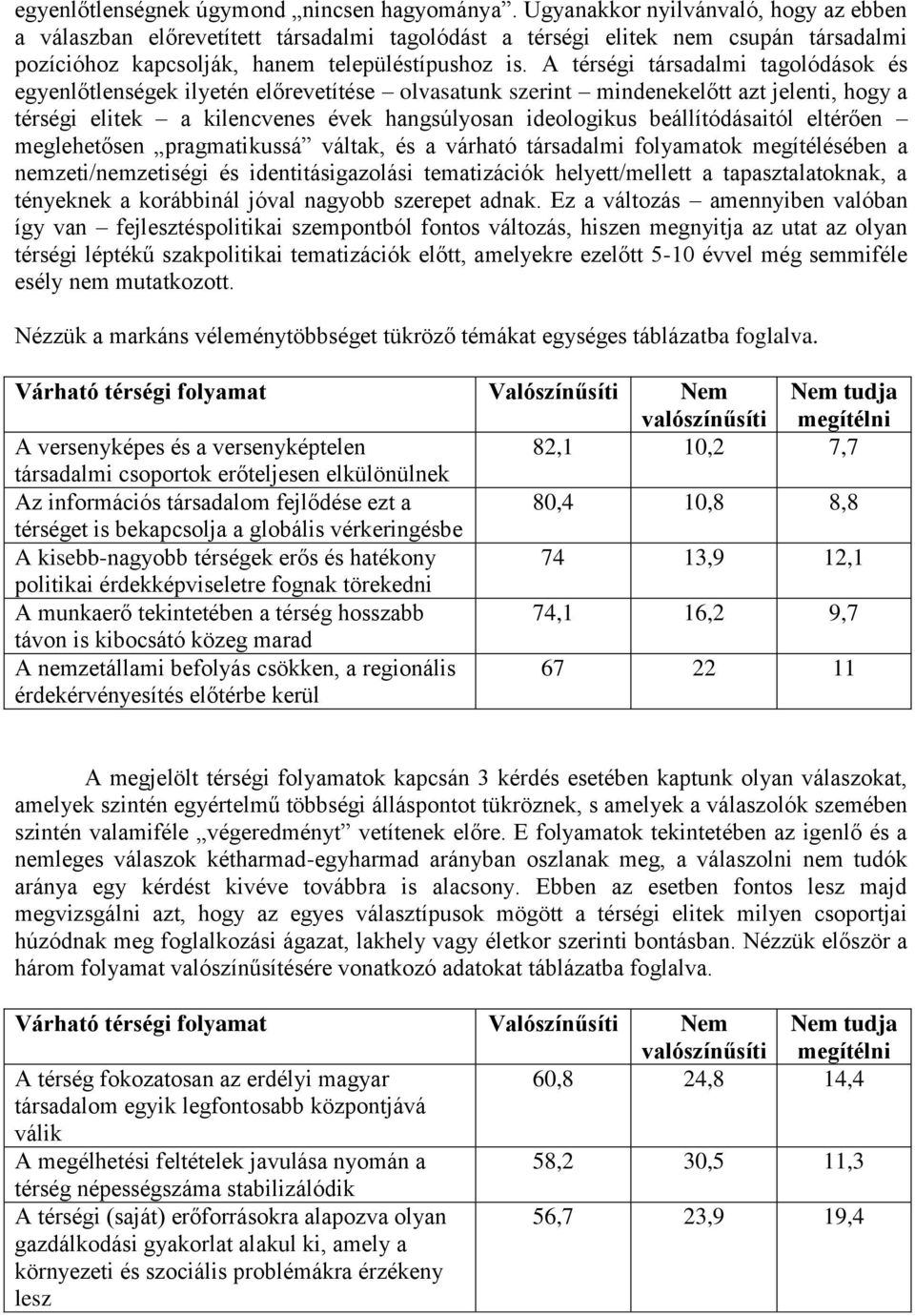 A térségi társadalmi tagolódások és egyenlőtlenségek ilyetén előrevetítése olvasatunk szerint mindenekelőtt azt jelenti, hogy a térségi elitek a kilencvenes évek hangsúlyosan ideologikus