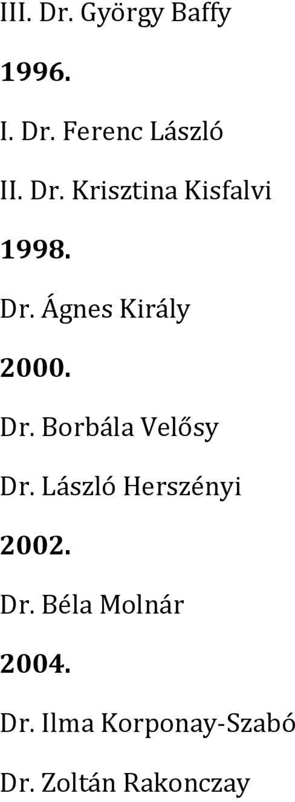 László Herszényi 2002. Dr. Béla Molnár 2004. Dr. Ilma Korponay-Szabó Dr.