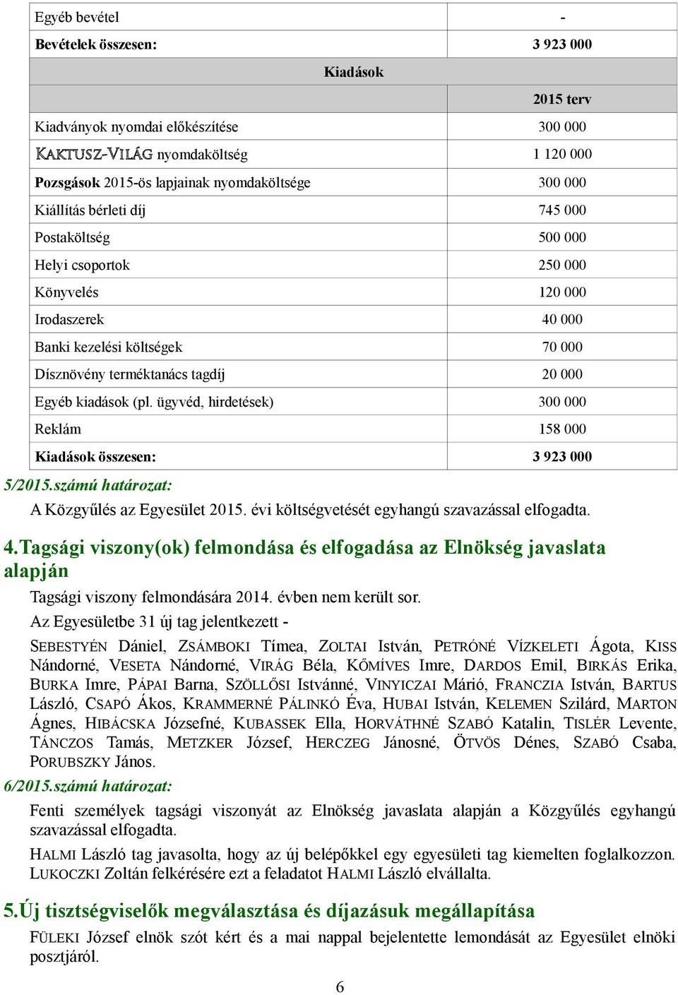 (pl. ügyvéd, hirdetések) 300 000 Reklám 158 000 Kiadások összesen: 3 923 000 5/2015.számú határozat: A Közgyűlés az Egyesület 2015. évi költségvetését egyhangú szavazással elfogadta. 4.