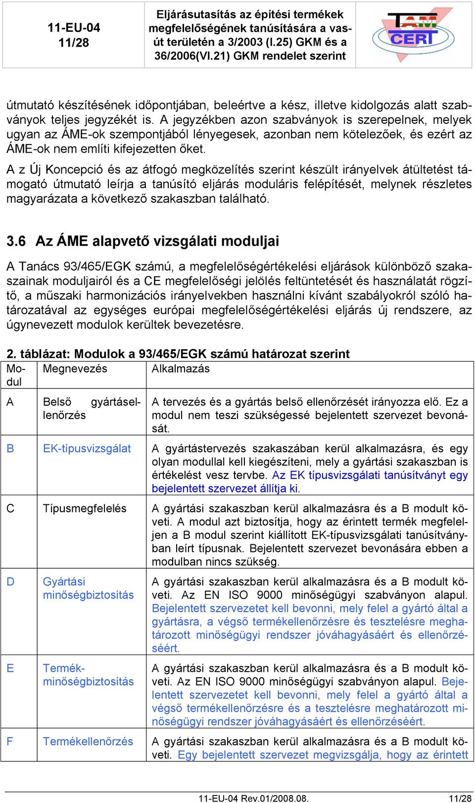 A z Új Koncepció és az átfogó megközelítés szerint készült irányelvek átültetést támogató útmutató leírja a tanúsító eljárás moduláris felépítését, melynek részletes magyarázata a következő